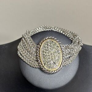 Elegant Rhinestone Two Tone Silver and Gold Chain Bracelet with Oval Accent
